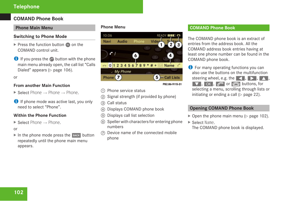 Phone main menu, Comand phone book, Opening comand phone book | Menu, Telephone | Mercedes-Benz C-Class 2009 COMAND Manual User Manual | Page 104 / 204
