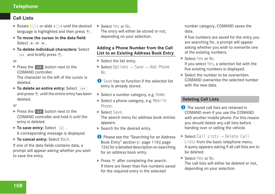 Deleting call lists, Telephone | Mercedes-Benz C-Class 2009 COMAND Manual User Manual | Page 110 / 204