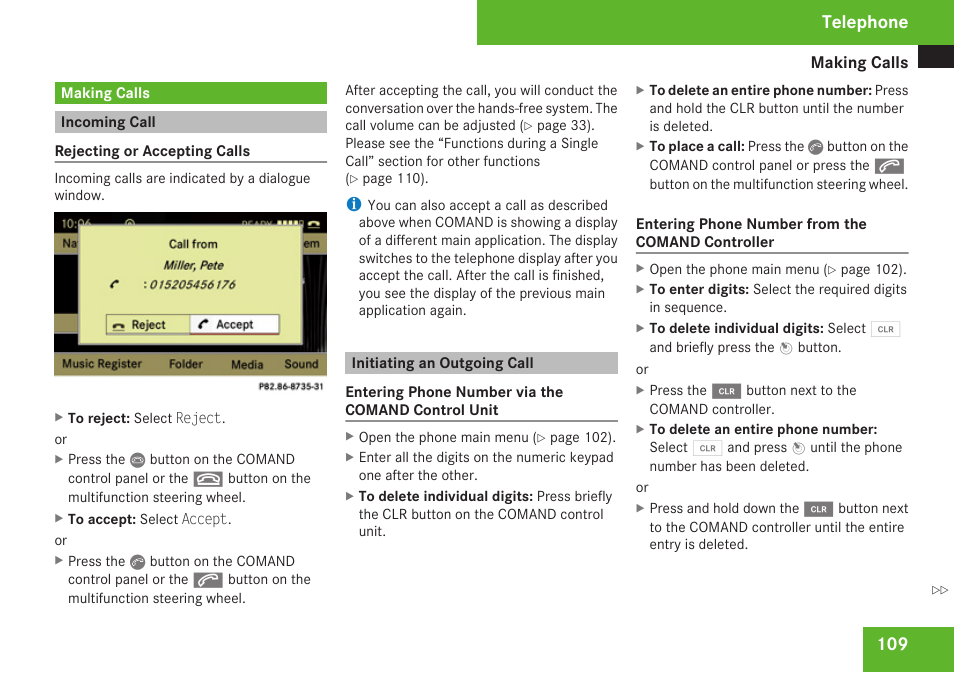 Making calls, Incoming call, Initiating an outgoing call | Telephone | Mercedes-Benz C-Class 2009 COMAND Manual User Manual | Page 111 / 204