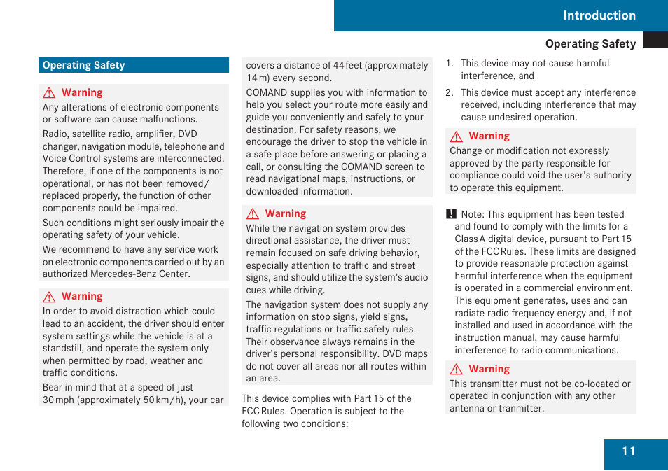 Introduction, Operating safety | Mercedes-Benz C-Class 2009 COMAND Manual User Manual | Page 13 / 204
