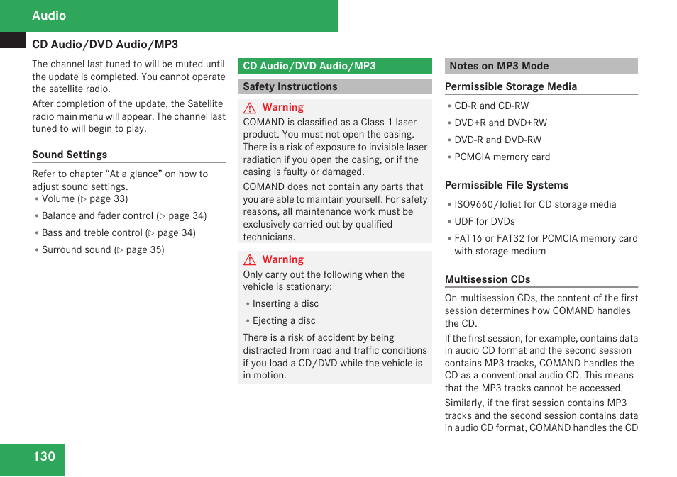 Cd audio/dvd audio/mp3, Safety instructions, Notes on mp3 mode | Audio | Mercedes-Benz C-Class 2009 COMAND Manual User Manual | Page 132 / 204