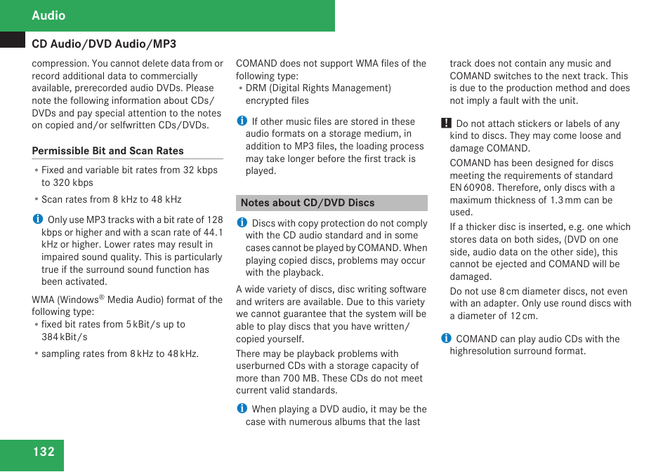 Notes about cd/dvd discs, Audio | Mercedes-Benz C-Class 2009 COMAND Manual User Manual | Page 134 / 204