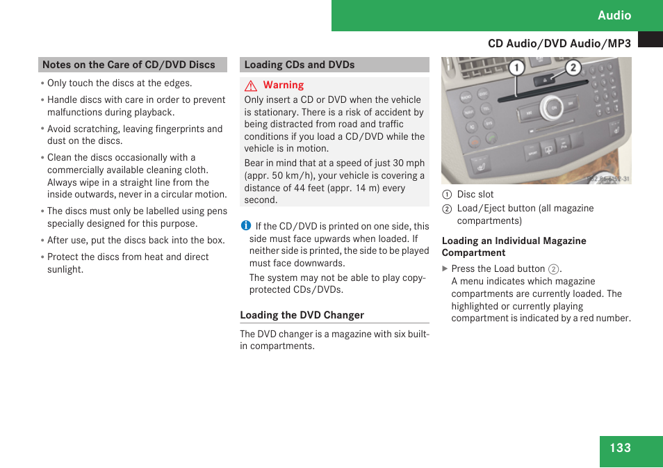 Notes on the care of cd/dvd discs, Loading cds and dvds, Audio | Mercedes-Benz C-Class 2009 COMAND Manual User Manual | Page 135 / 204