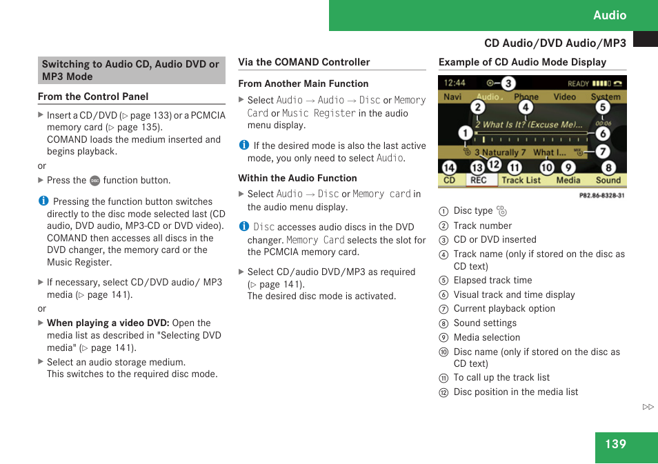 Switching to audio cd, audio dvd or mp3 mode, Cd-/dvd audio/mp3 mode, Audio | Mercedes-Benz C-Class 2009 COMAND Manual User Manual | Page 141 / 204