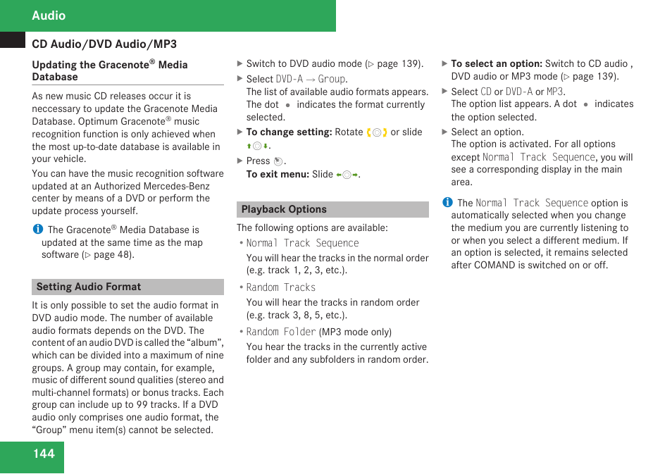 Setting audio format, Playback options, Audio | Mercedes-Benz C-Class 2009 COMAND Manual User Manual | Page 146 / 204