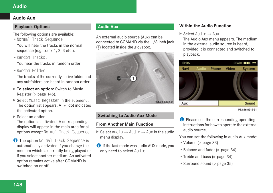 Playback options, Audio aux, Switching to audio aux mode | Aux mode, Audio | Mercedes-Benz C-Class 2009 COMAND Manual User Manual | Page 150 / 204