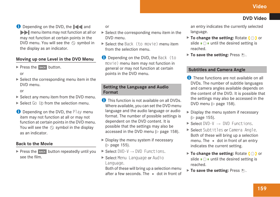 Setting the language and audio format, Subtitles and camera angle, Video | Mercedes-Benz C-Class 2009 COMAND Manual User Manual | Page 161 / 204
