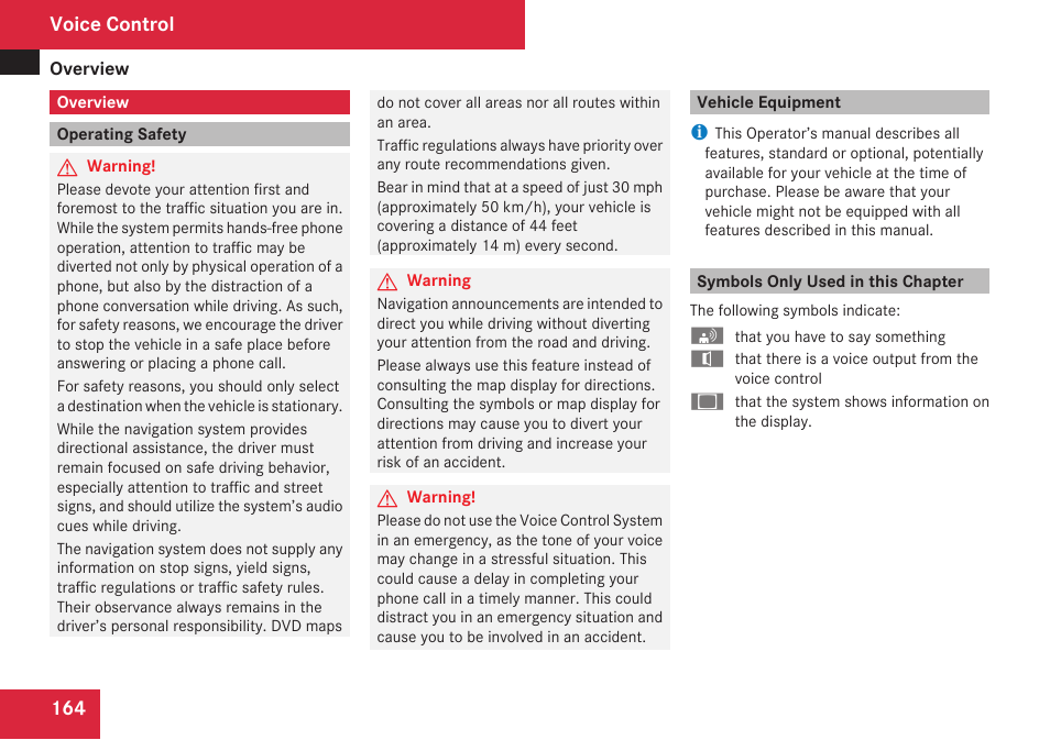 Voice control, Overview, Operating safety | Vehicle equipment, Symbols only used in this chapter | Mercedes-Benz C-Class 2009 COMAND Manual User Manual | Page 166 / 204