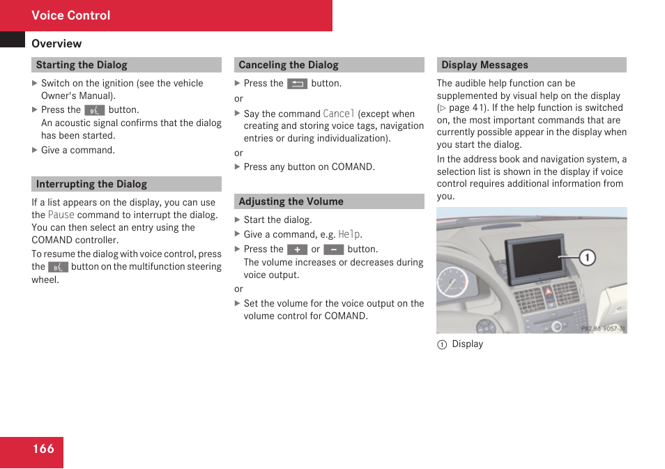 Starting the dialog, Interrupting the dialog, Canceling the dialog | Adjusting the volume, Display messages, Voice control | Mercedes-Benz C-Class 2009 COMAND Manual User Manual | Page 168 / 204