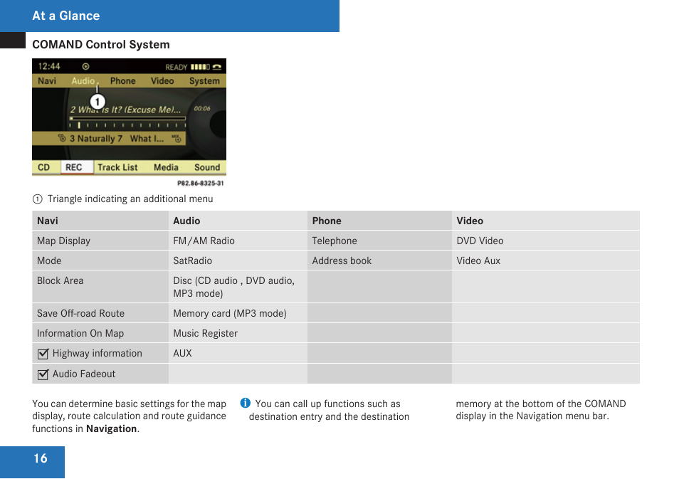 The main function line, At a glance | Mercedes-Benz C-Class 2009 COMAND Manual User Manual | Page 18 / 204