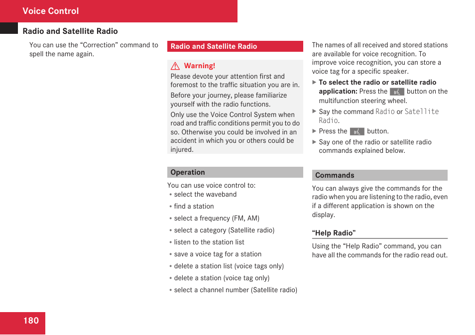 Radio and satellite radio, Operation, Commands | Voice control | Mercedes-Benz C-Class 2009 COMAND Manual User Manual | Page 182 / 204