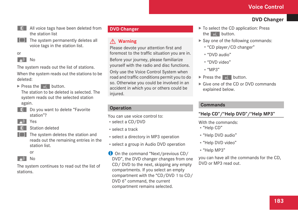Dvd changer, Operation, Commands | Voice control | Mercedes-Benz C-Class 2009 COMAND Manual User Manual | Page 185 / 204
