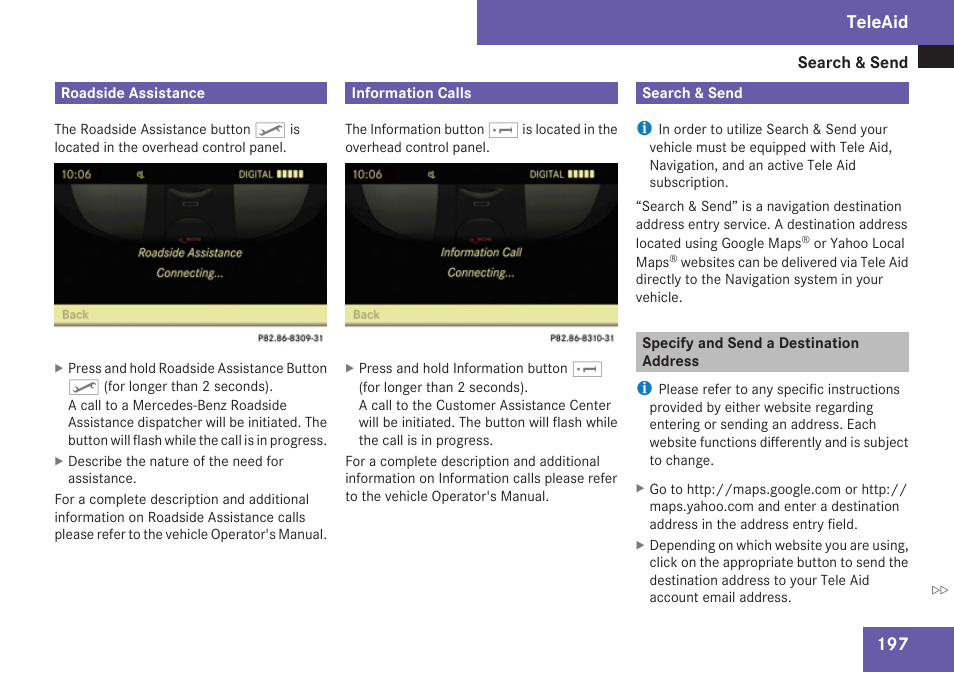 Roadside assistance, Information calls, Search & send | Specify and send a destination address, Send, Teleaid | Mercedes-Benz C-Class 2009 COMAND Manual User Manual | Page 199 / 204