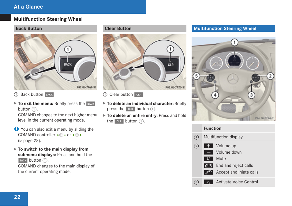 Back button, Clear button, Multifunction steering wheel | At a glance | Mercedes-Benz C-Class 2009 COMAND Manual User Manual | Page 24 / 204