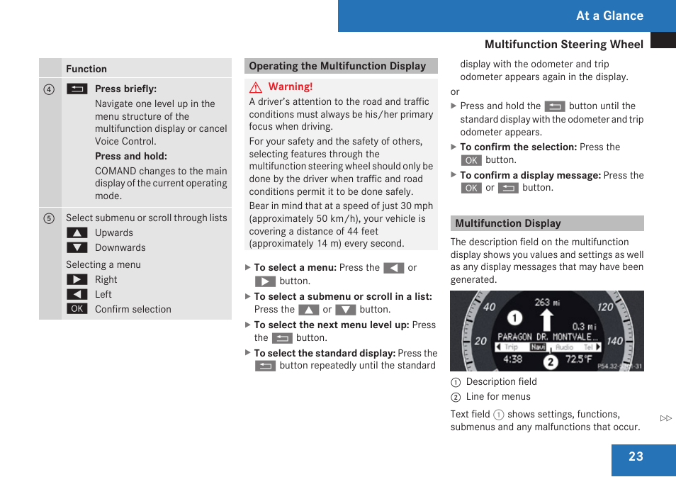 Operating the multifunction display, Multifunction display, At a glance | Mercedes-Benz C-Class 2009 COMAND Manual User Manual | Page 25 / 204