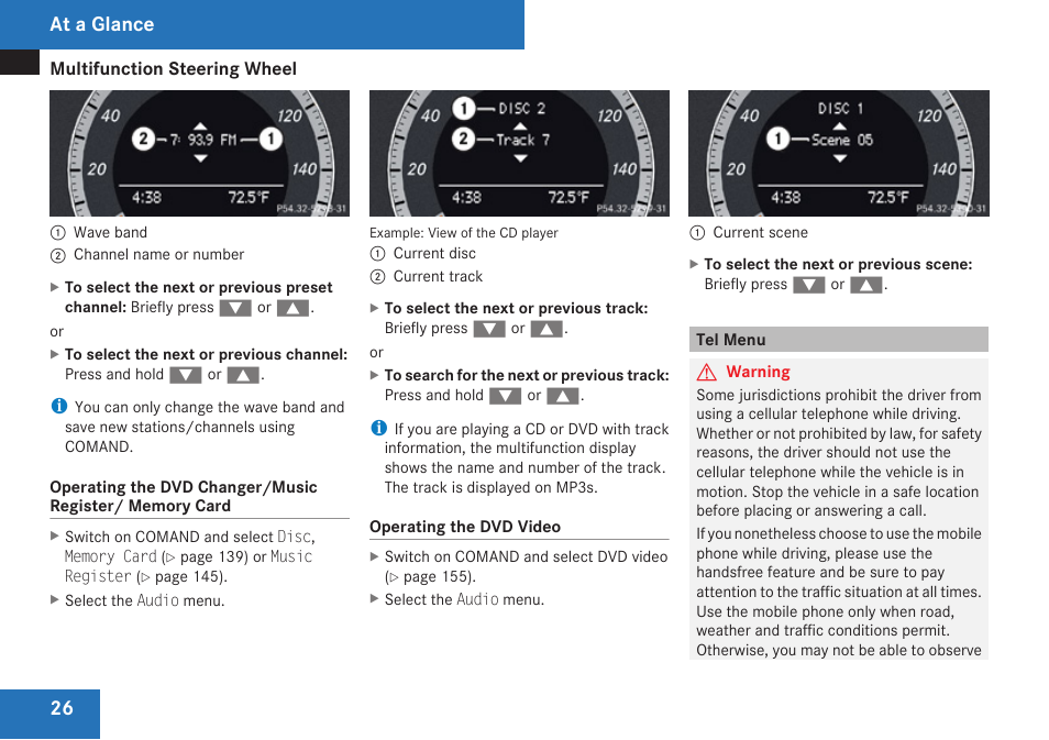 Tel menu, At a glance | Mercedes-Benz C-Class 2009 COMAND Manual User Manual | Page 28 / 204