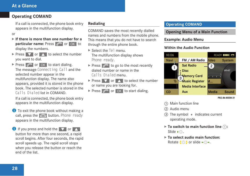 Operating comand, Opening menu of a main function, At a glance | Mercedes-Benz C-Class 2009 COMAND Manual User Manual | Page 30 / 204