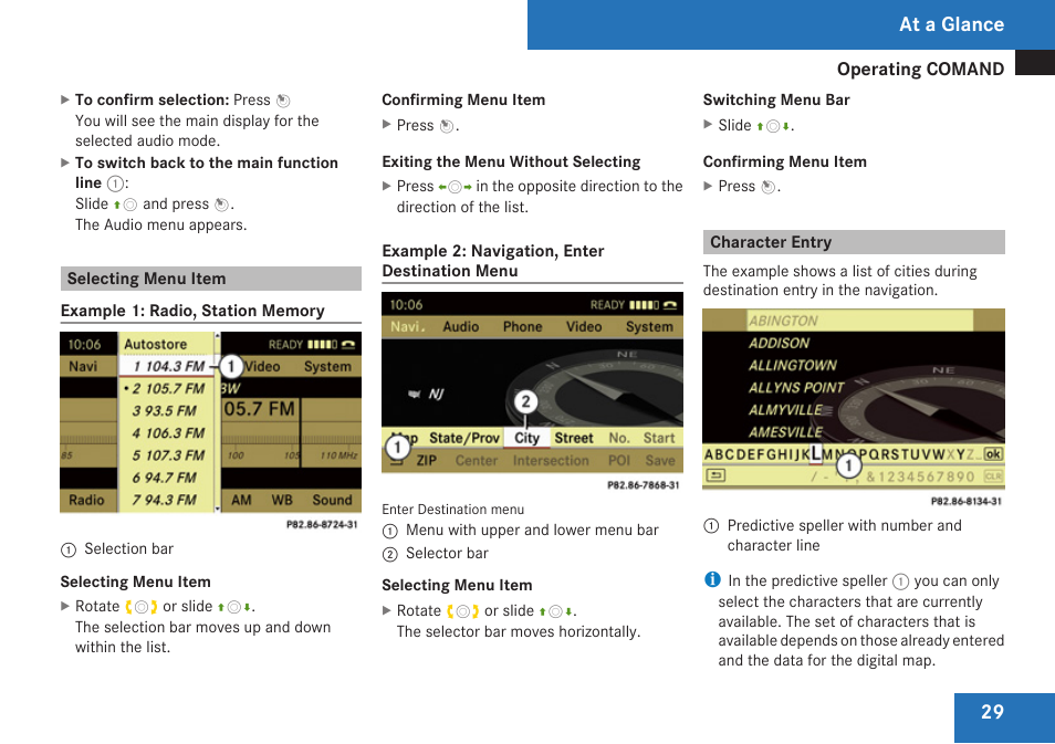 Selecting menu item, Character entry, At a glance | Mercedes-Benz C-Class 2009 COMAND Manual User Manual | Page 31 / 204