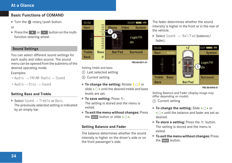 Sound settings, At a glance | Mercedes-Benz C-Class 2009 COMAND Manual User Manual | Page 36 / 204