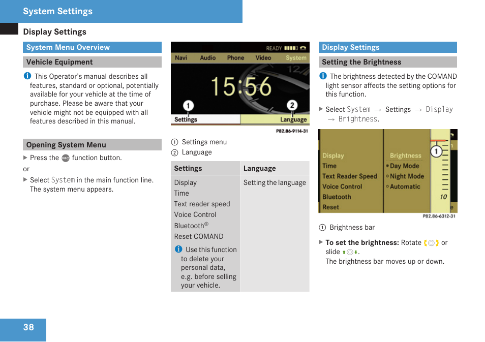 System settings, System menu overview, Vehicle equipment | Opening system menu, Display settings, Setting the brightness | Mercedes-Benz C-Class 2009 COMAND Manual User Manual | Page 40 / 204