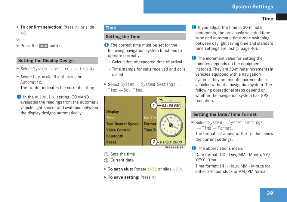 Setting the display design, Time, Setting the time | Setting the date/time format, System settings | Mercedes-Benz C-Class 2009 COMAND Manual User Manual | Page 41 / 204