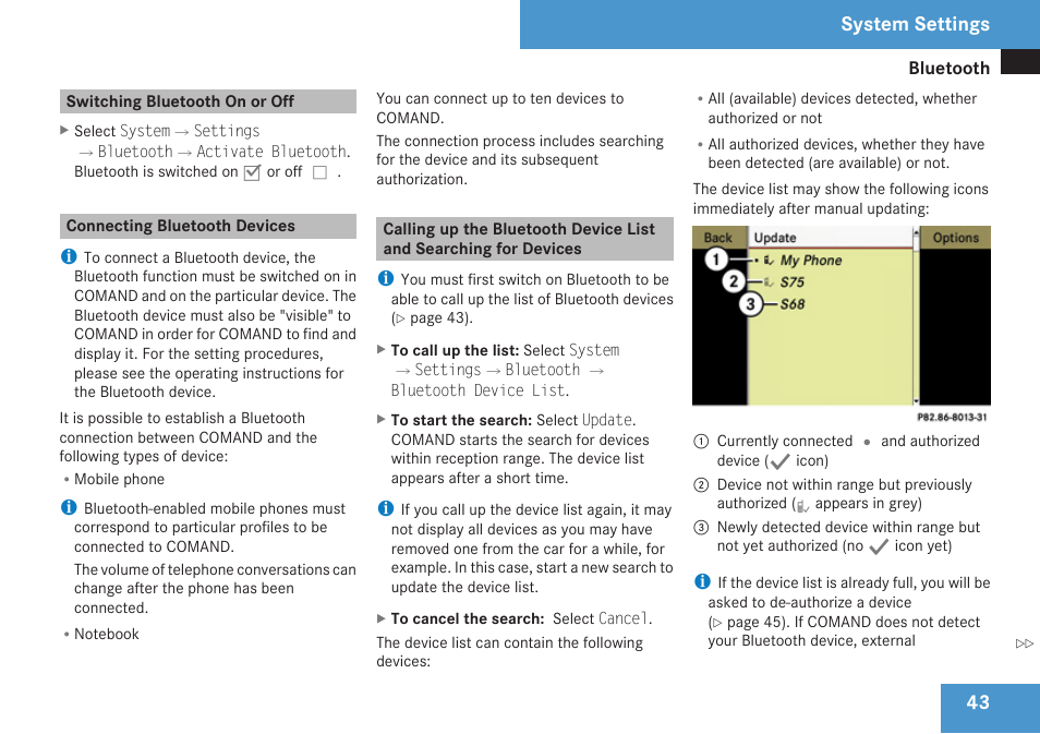 Switching bluetooth on or off, Connecting bluetooth devices, System settings | Mercedes-Benz C-Class 2009 COMAND Manual User Manual | Page 45 / 204