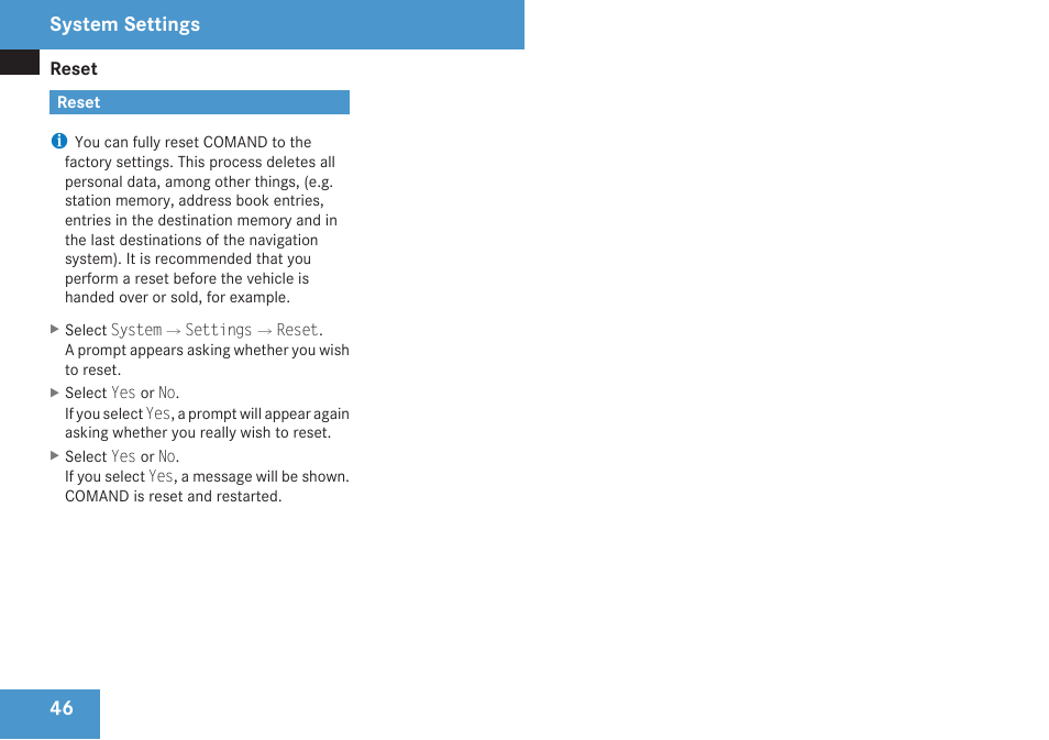 Reset, System settings | Mercedes-Benz C-Class 2009 COMAND Manual User Manual | Page 48 / 204
