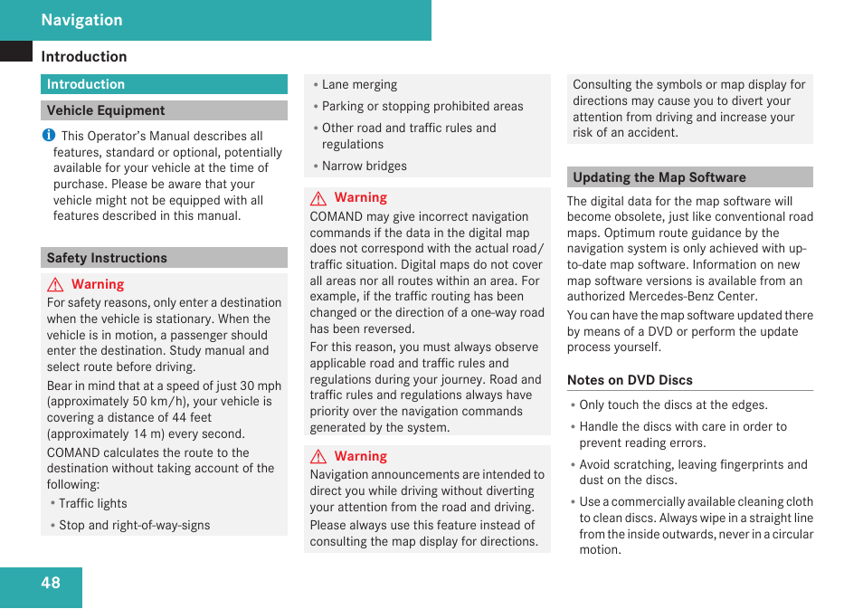 Navigation, Introduction, Vehicle equipment | Safety instructions, Updating the map software | Mercedes-Benz C-Class 2009 COMAND Manual User Manual | Page 50 / 204