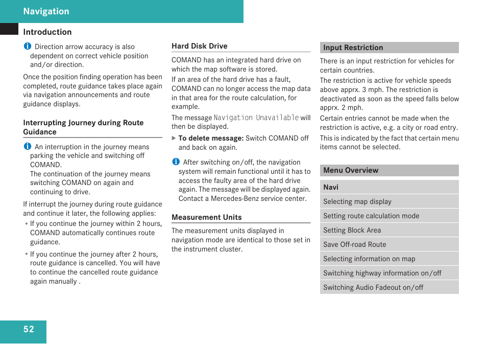 Input restriction, Menu overview, Navigation | Mercedes-Benz C-Class 2009 COMAND Manual User Manual | Page 54 / 204