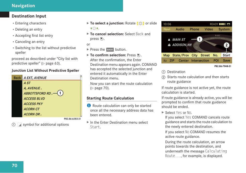 Route calculation, Navigation | Mercedes-Benz C-Class 2009 COMAND Manual User Manual | Page 72 / 204