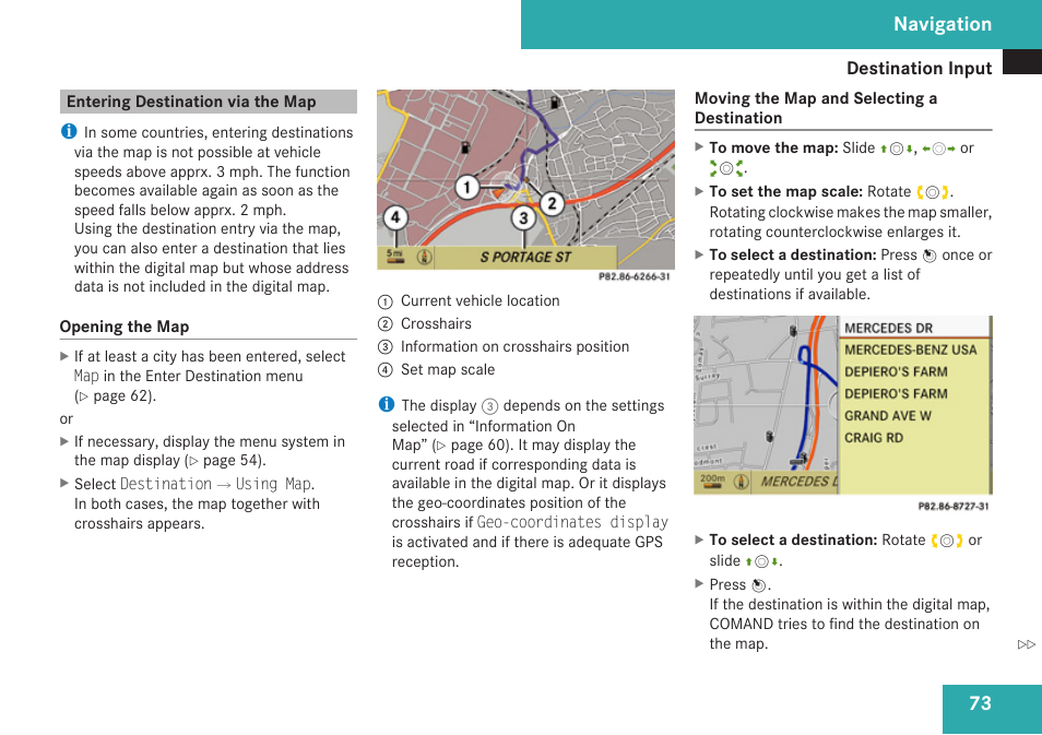 Entering destination via the map, Navigation | Mercedes-Benz C-Class 2009 COMAND Manual User Manual | Page 75 / 204