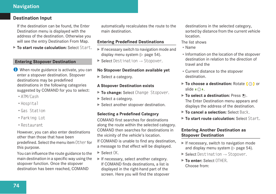 Entering stopover destination, Navigation | Mercedes-Benz C-Class 2009 COMAND Manual User Manual | Page 76 / 204