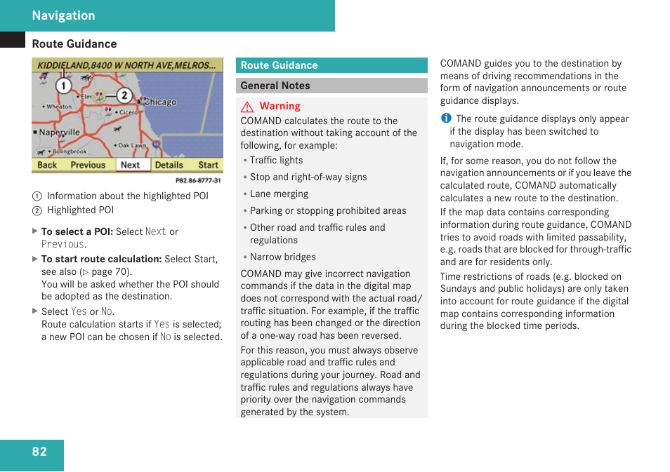 Route guidance, General notes, Navigation | Mercedes-Benz C-Class 2009 COMAND Manual User Manual | Page 84 / 204