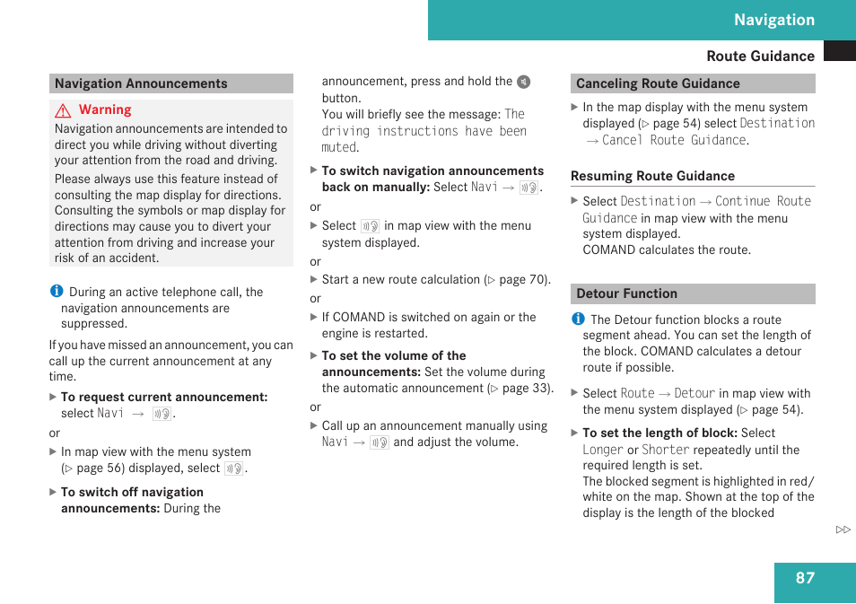 Navigation announcements, Canceling route guidance, Detour function | Navigation | Mercedes-Benz C-Class 2009 COMAND Manual User Manual | Page 89 / 204