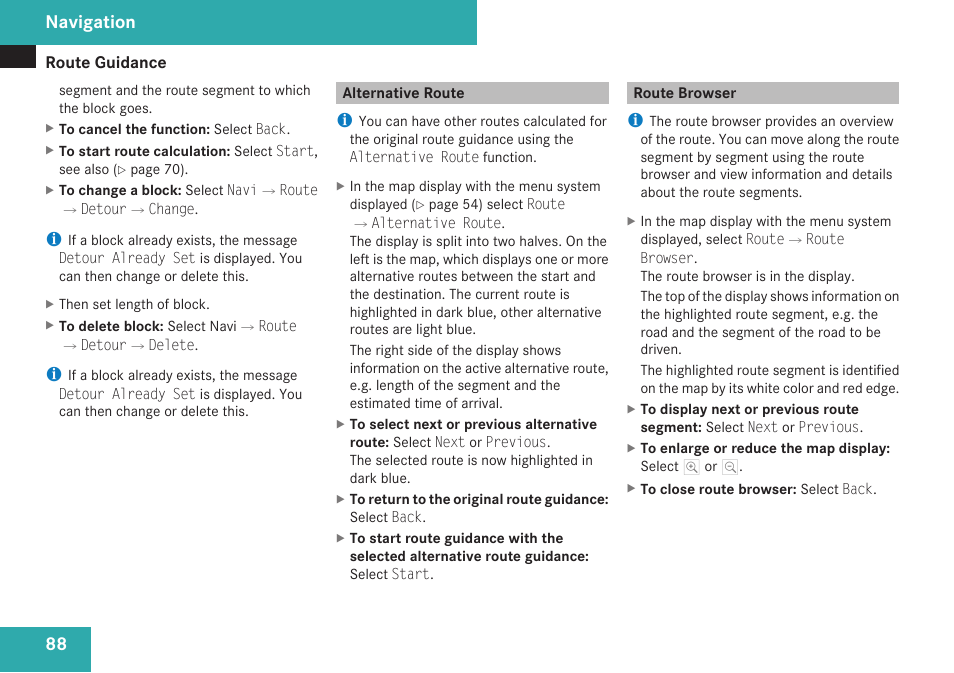 Alternative route, Route browser, Navigation | Mercedes-Benz C-Class 2009 COMAND Manual User Manual | Page 90 / 204