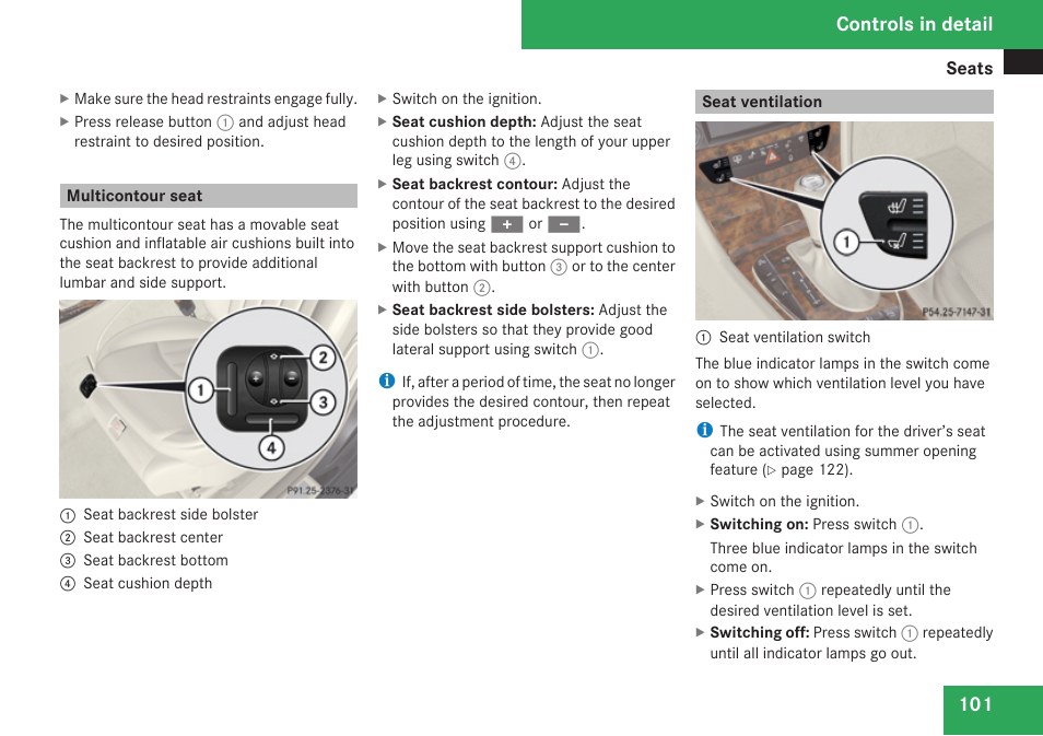 Multicontour seat, Seat ventilation, Controls in detail | Mercedes-Benz E-Class 2009 Owners Manual User Manual | Page 103 / 408