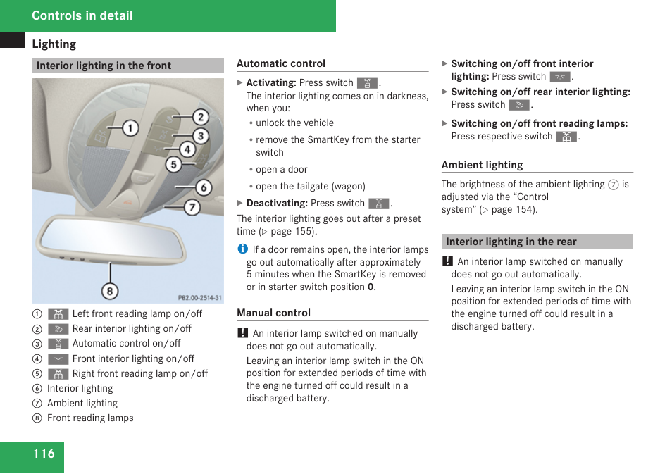 Interior lighting in the front, Interior lighting in the rear, Controls in detail | Mercedes-Benz E-Class 2009 Owners Manual User Manual | Page 118 / 408
