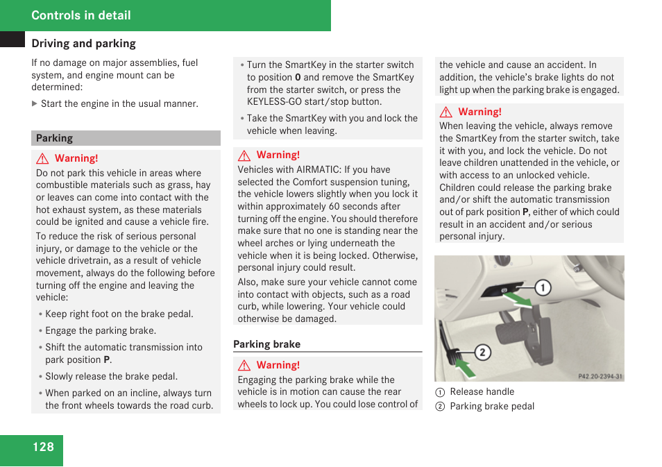Parking, Controls in detail | Mercedes-Benz E-Class 2009 Owners Manual User Manual | Page 130 / 408