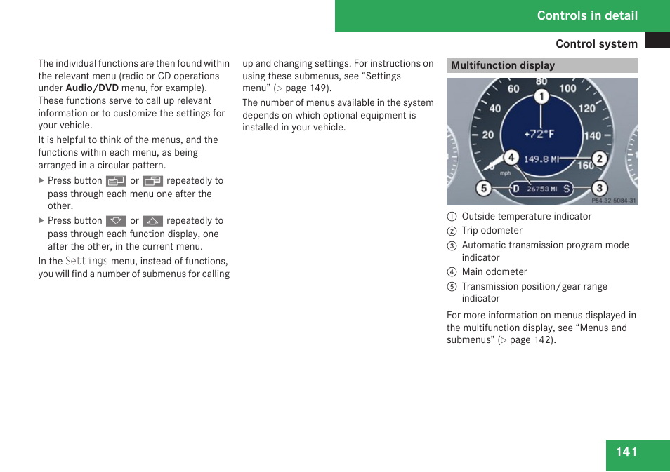Multifunction display, Controls in detail | Mercedes-Benz E-Class 2009 Owners Manual User Manual | Page 143 / 408