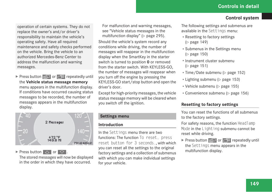 Settings menu, Menu, Controls in detail | Mercedes-Benz E-Class 2009 Owners Manual User Manual | Page 151 / 408