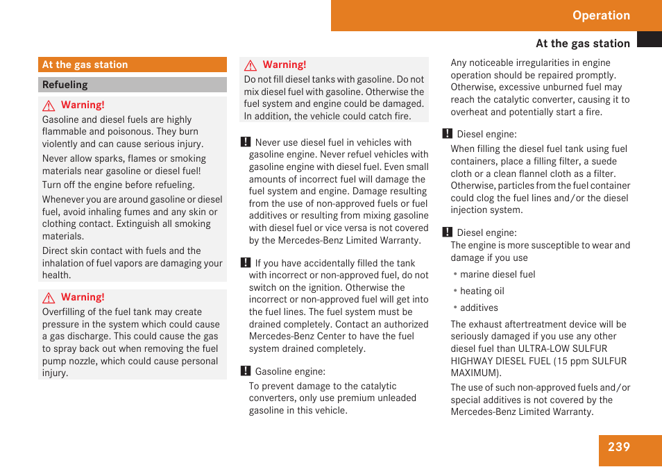 At the gas station, Refueling, Operation | Mercedes-Benz E-Class 2009 Owners Manual User Manual | Page 241 / 408