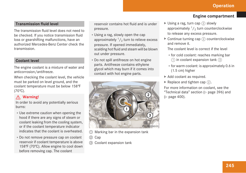 Transmission fluid level, Coolant level, Necessary | Operation | Mercedes-Benz E-Class 2009 Owners Manual User Manual | Page 247 / 408
