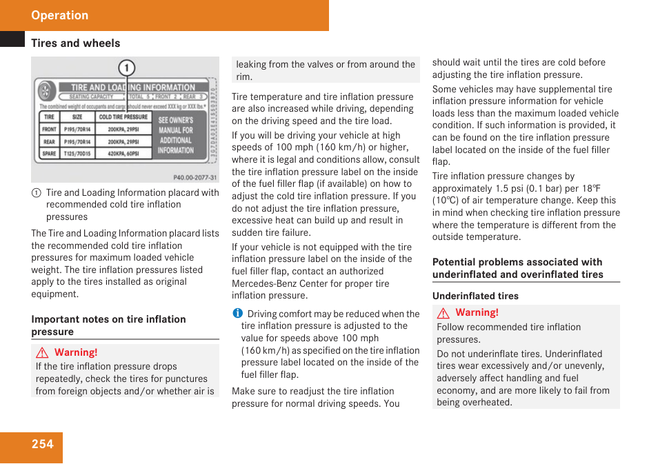 Tire inflation pressure | Mercedes-Benz E-Class 2009 Owners Manual User Manual | Page 256 / 408