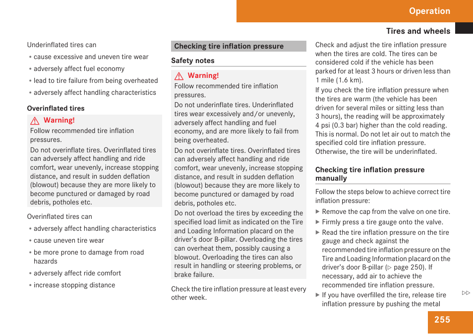Checking tire inflation pressure, Tire inflation pressure, Operation | Mercedes-Benz E-Class 2009 Owners Manual User Manual | Page 257 / 408