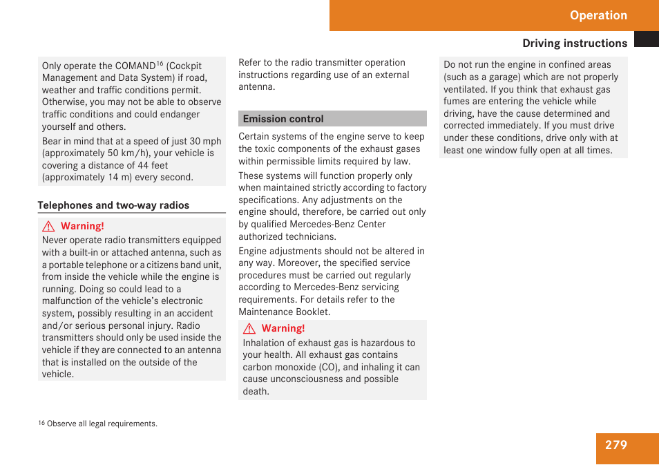 Emission control, Operation | Mercedes-Benz E-Class 2009 Owners Manual User Manual | Page 281 / 408