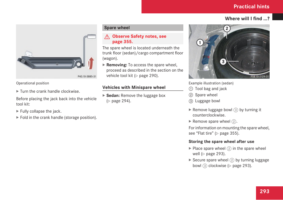 Spare wheel, Practical hints | Mercedes-Benz E-Class 2009 Owners Manual User Manual | Page 295 / 408