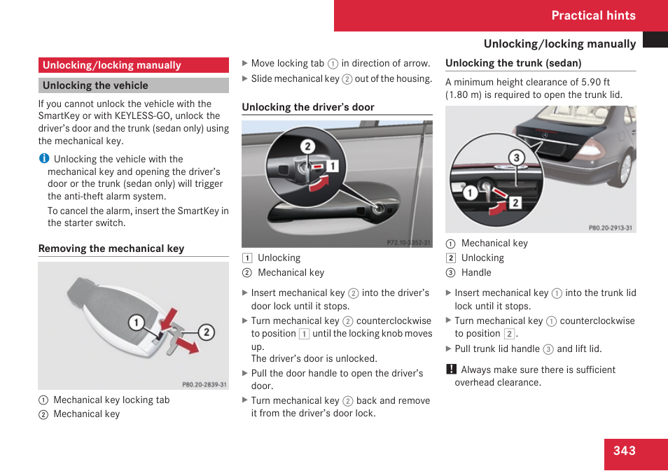 Unlocking/locking manually, Unlocking the vehicle, Smartkey | Practical hints | Mercedes-Benz E-Class 2009 Owners Manual User Manual | Page 345 / 408