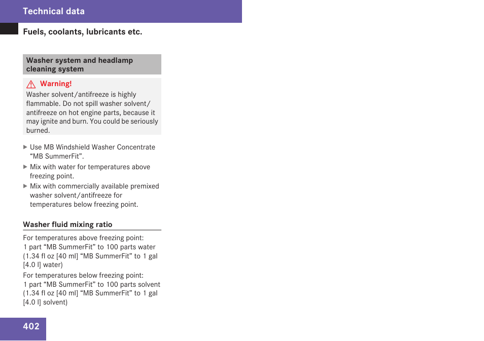 Washer system and headlamp cleaning system, Temperatures), Technical data | Mercedes-Benz E-Class 2009 Owners Manual User Manual | Page 404 / 408