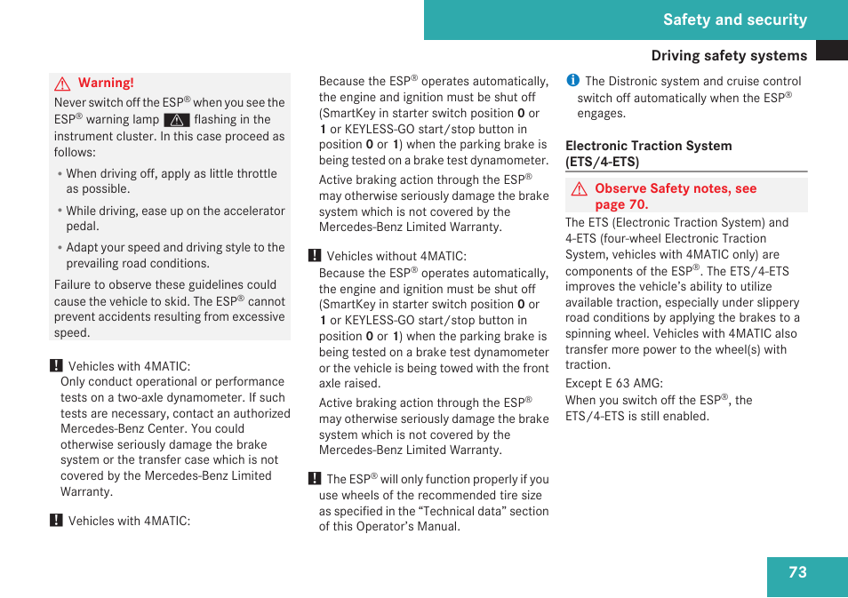 Safety and security | Mercedes-Benz E-Class 2009 Owners Manual User Manual | Page 75 / 408