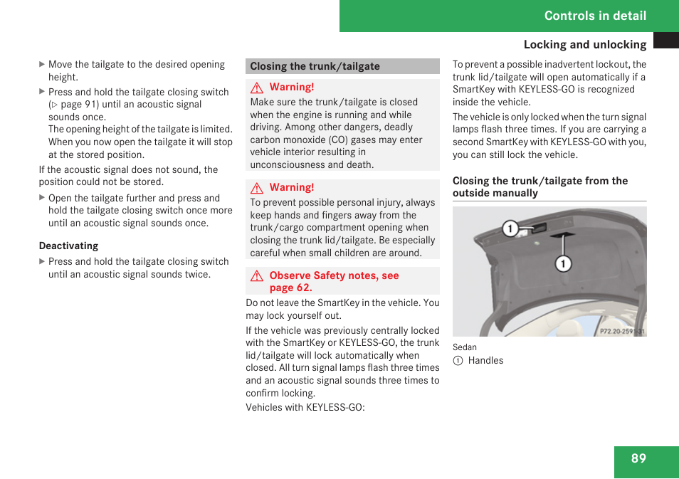 Closing the trunk/tailgate, Controls in detail | Mercedes-Benz E-Class 2009 Owners Manual User Manual | Page 91 / 408